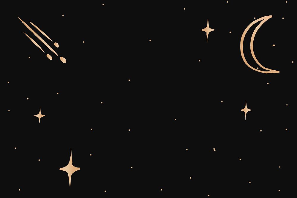 Golden vector crescent moon doodle border galactic sky background