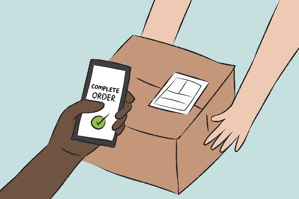 Cashless parcel delivery doodle contactless concept