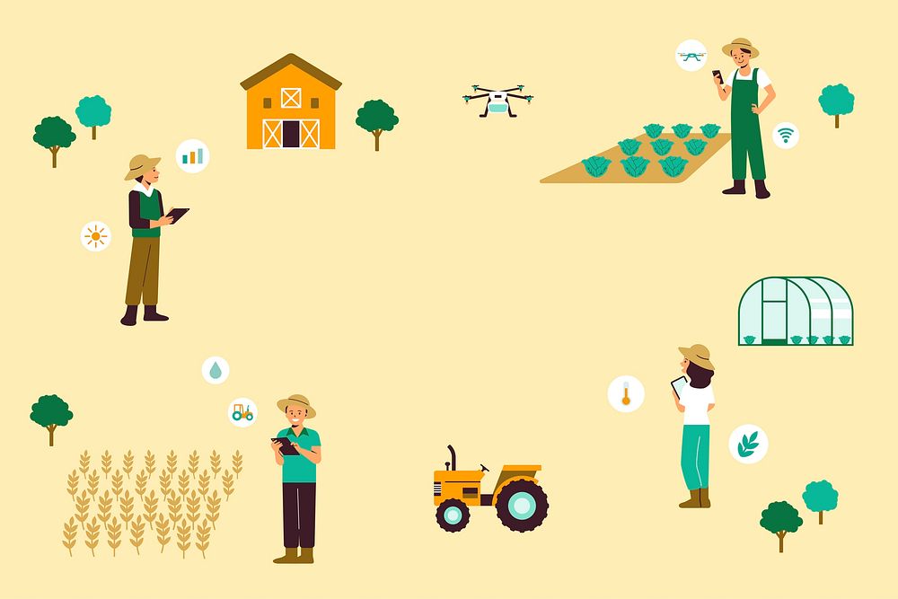 Farmers using smart farming technology digital agriculture background illustration