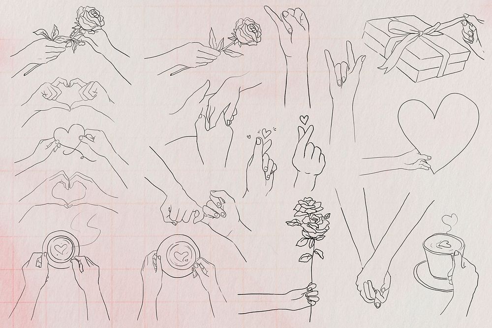 Valentine&rsquo;s and love hand gestures psd black and white illustration set