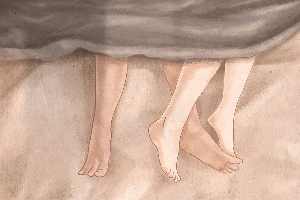 Couple&rsquo;s feet on bed vector romantic Valentine&rsquo;s hand drawn illustration