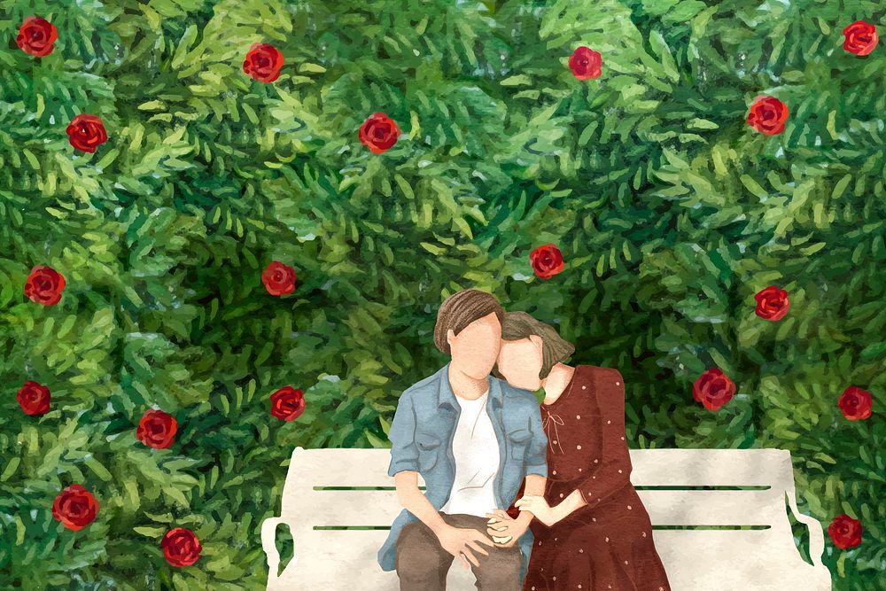 Couple on a date vector in the garden Valentine’s theme hand drawn illustration