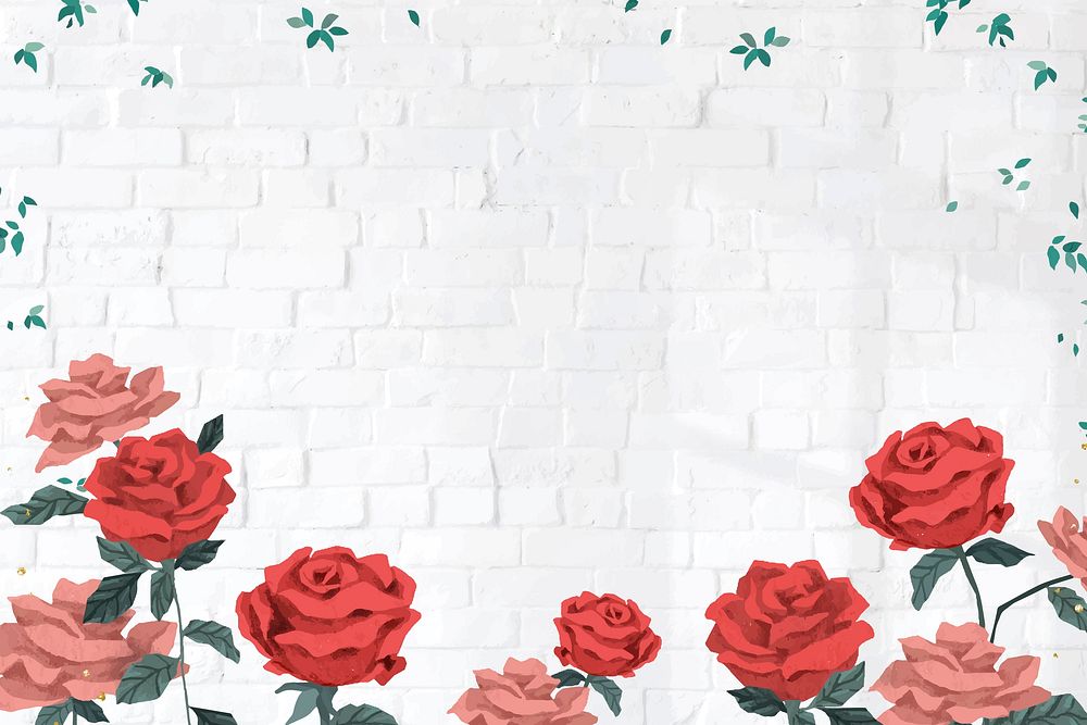 Red roses Valentine&rsquo;s frame vector with brick wall background