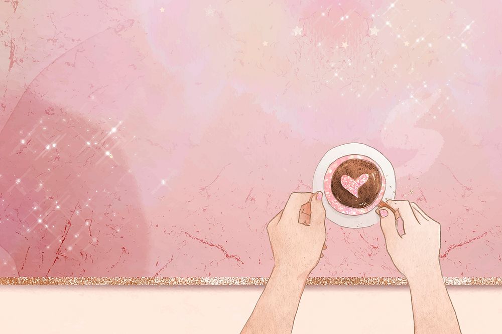 Heart coffee vector pink glittery marble texture background
