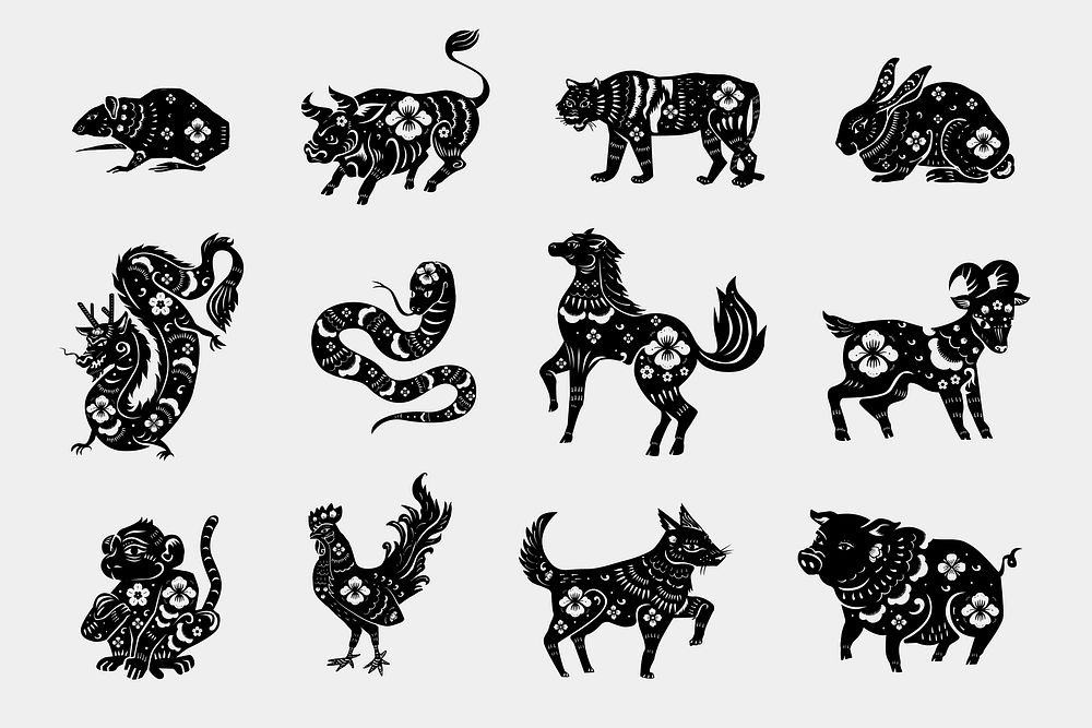 Chinese animal zodiac vector black new year stickers collection