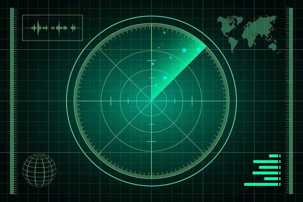 Green radar screen vector with world map military technology