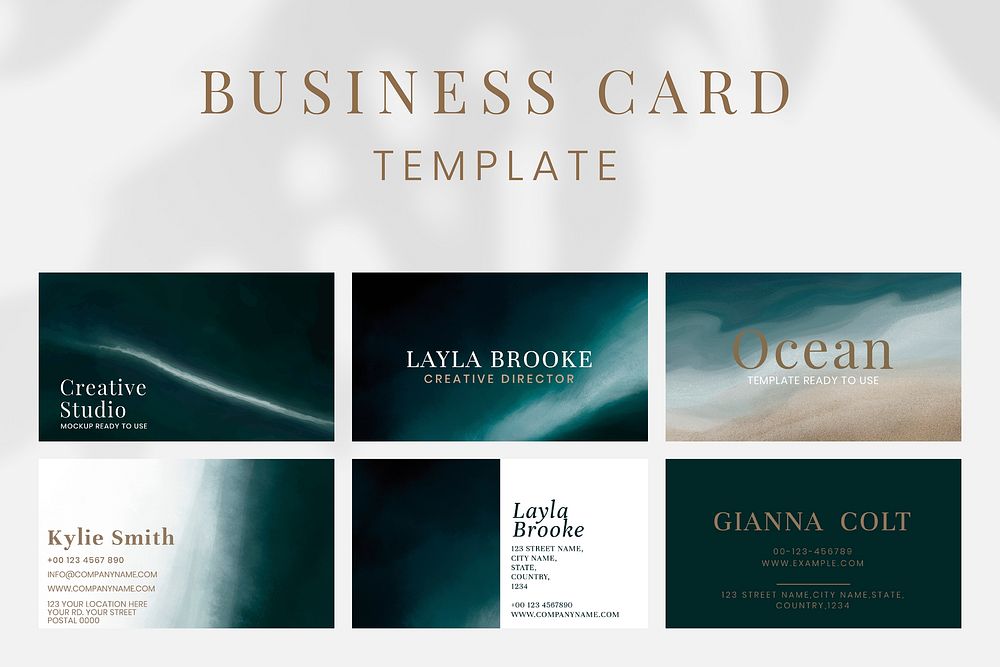 Business card editable template vector set with dark ocean wave watercolor