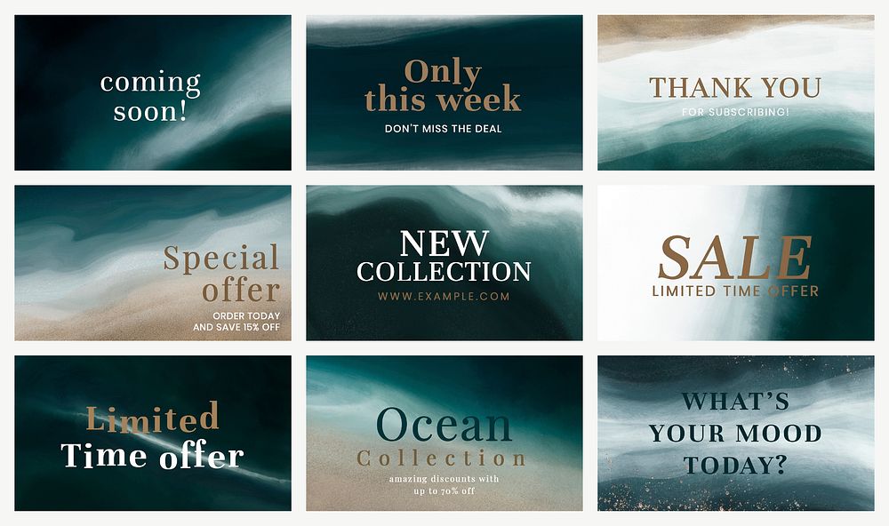 Aesthetic ocean SALE templates vector social media banners set