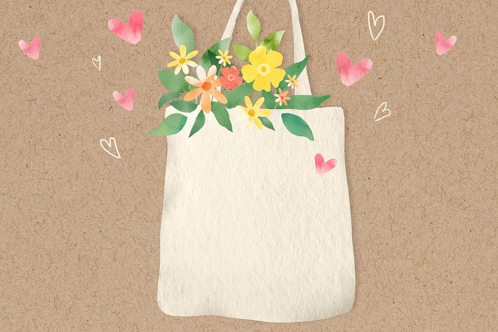Eco-friendly background psd with flowers in tote bag illustration                                                           …