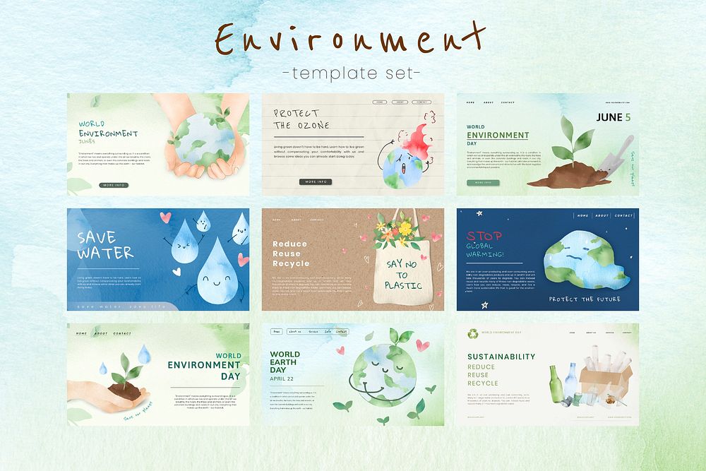 Editable presentation template vector for an environment awareness campaign in watercolor set