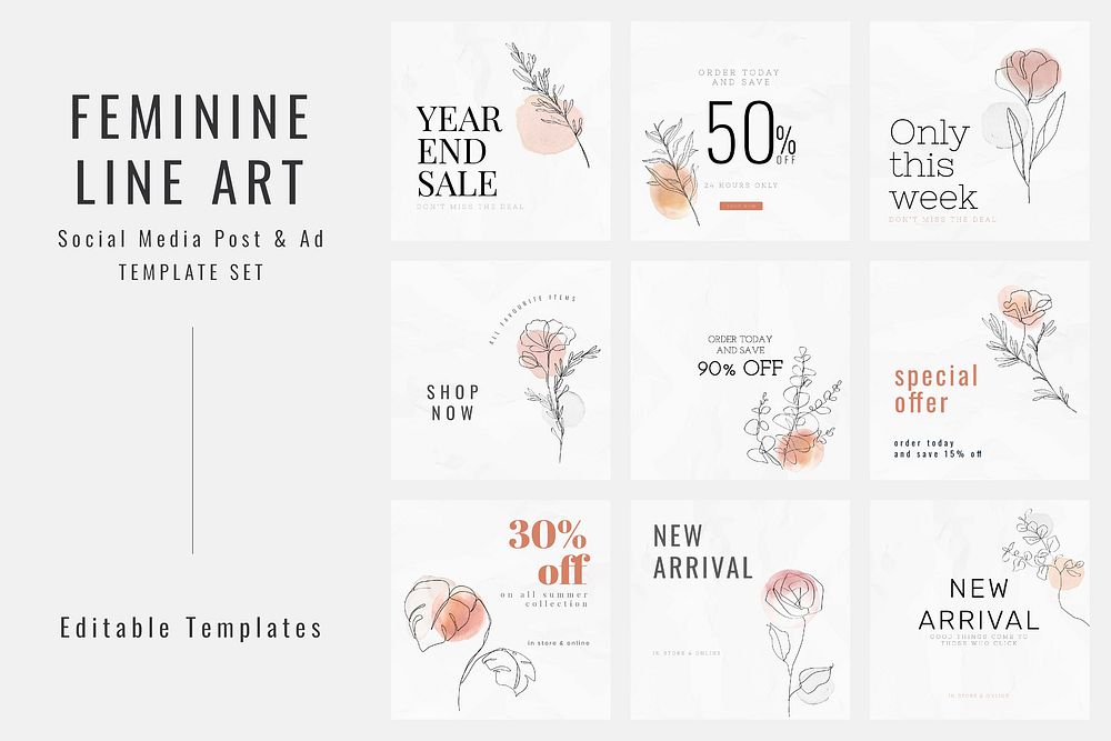 Sale templates vector for year end sale minimal style social media ad set