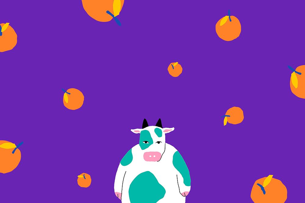 Orange fruit pattern vector with cow on purple background