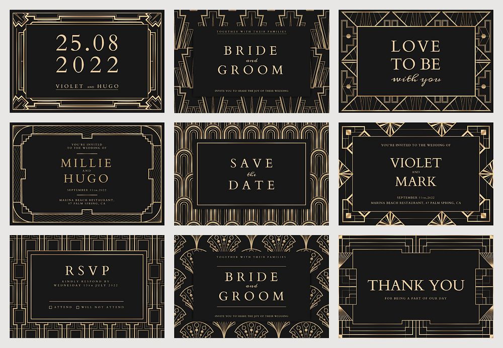 Wedding invitation vector template for social media banner with art deco pattern