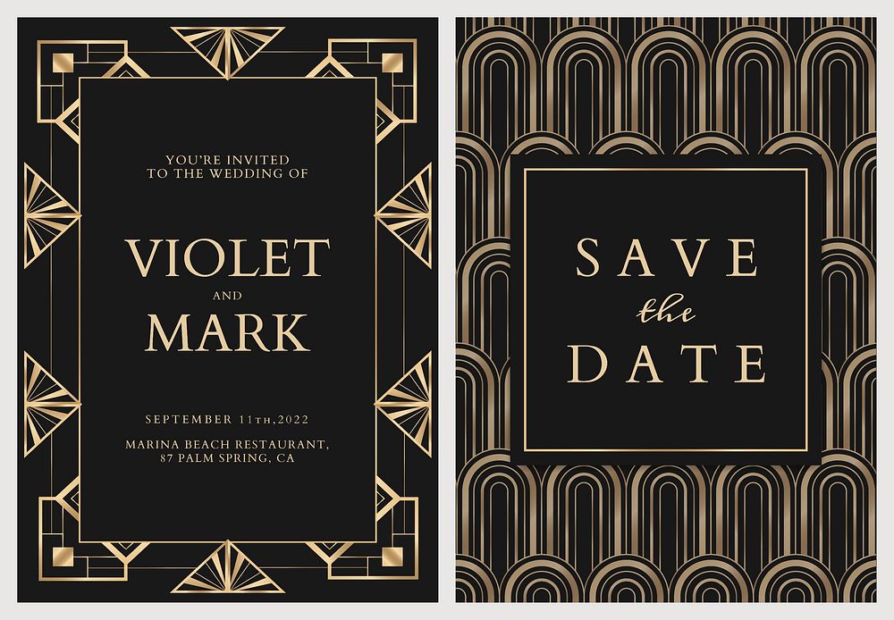 Wedding invitation card vector template with geometric art deco style on dark background