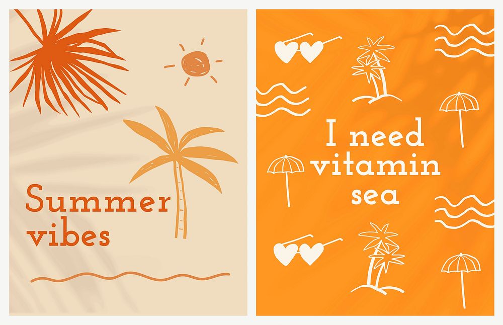 Editable summer flyer templates vector with cute doodle set 