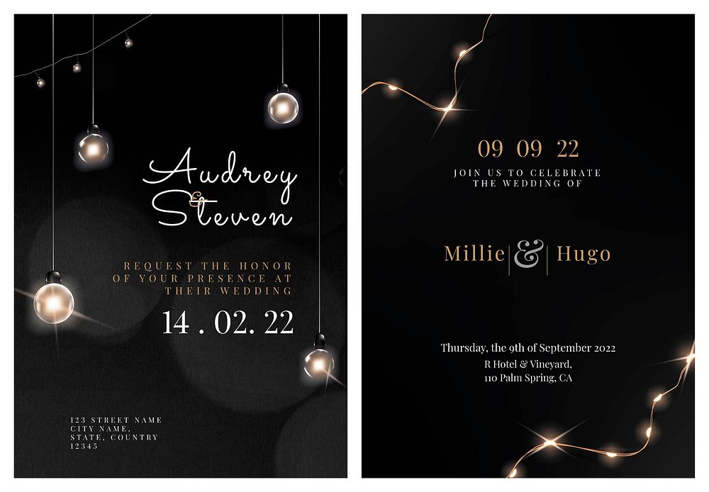 Wedding invitation card vector editable template with beautiful lights collection