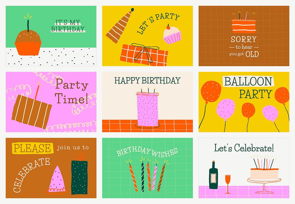 Colorful birthday banner template vector with cute doodles set