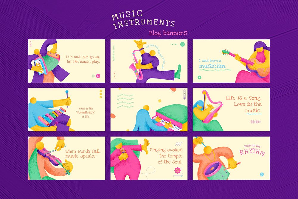 Musician banner template vector flat design with inspiring musical quote set