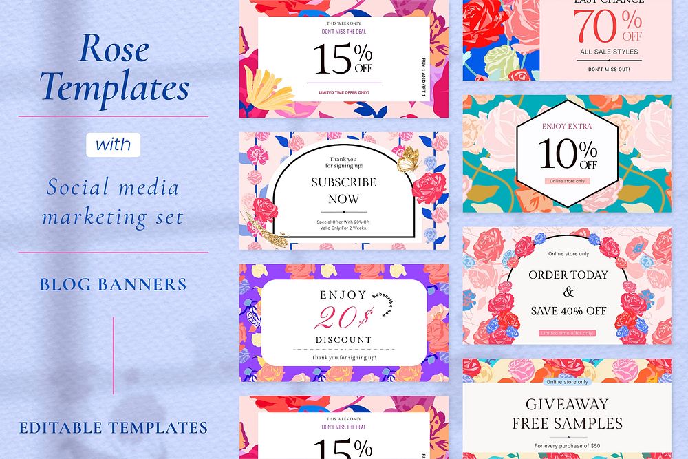 Feminine floral SALE template vector with colorful roses fashion ad banner set 