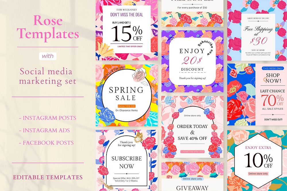Spring floral SALE template vector with colorful roses fashion social media ad set