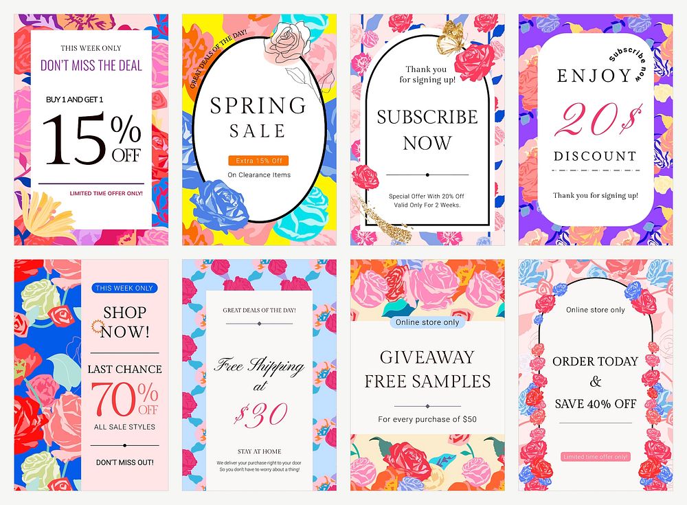 Spring floral SALE template vector with colorful roses fashion ad banner collection