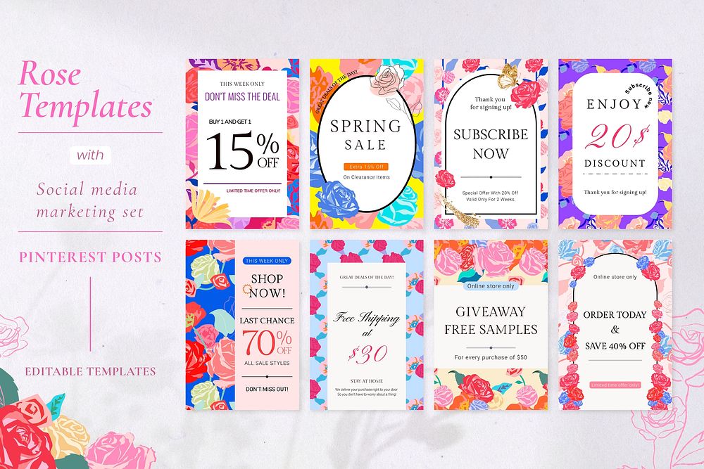 Spring floral SALE template vector with colorful roses fashion ad banner collection