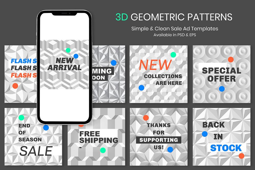 Online shopping geometric template vector for fashion brands social media post set