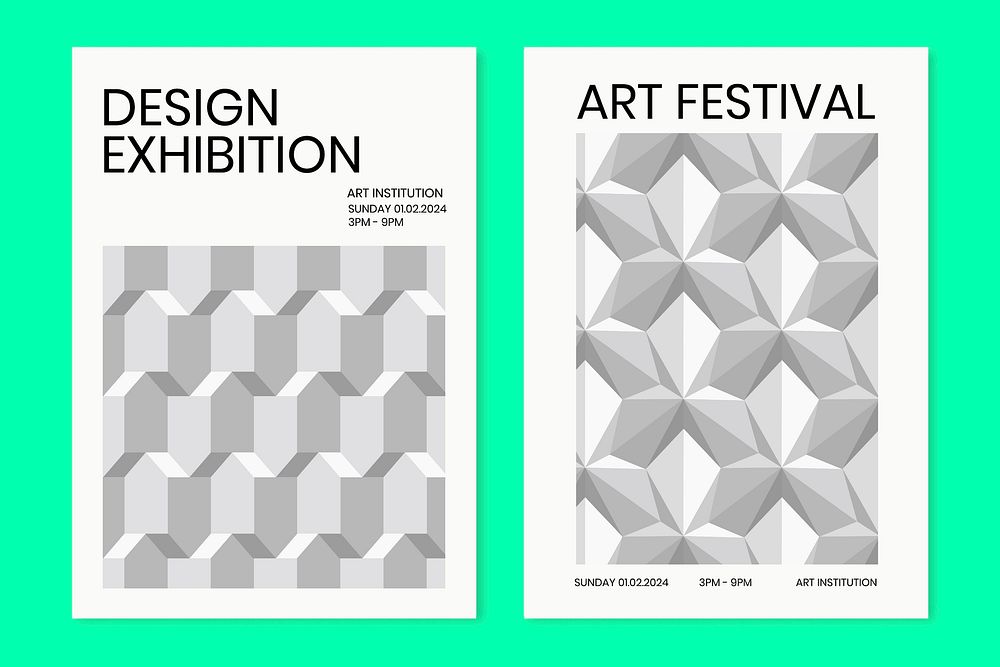 Art exhibition geometric template vector ad poster geometric modern style dual set