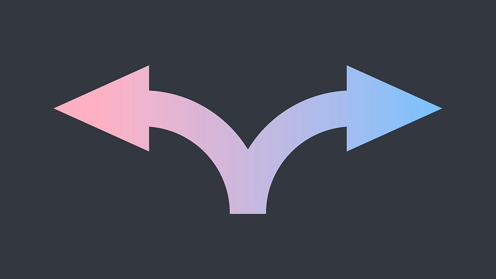 Split arrow sticker, traffic road direction sign in pink vector gradient design