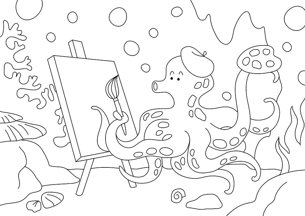 Octopus kids coloring page, blank printable design for children to color