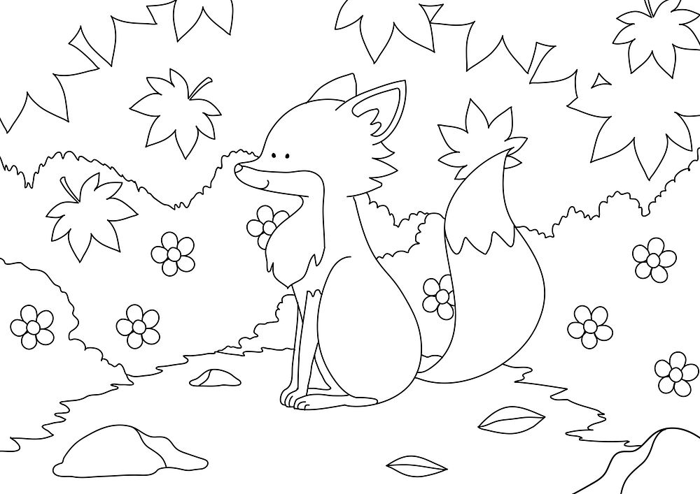 Fox kids coloring page vector, blank printable design for children to fill in