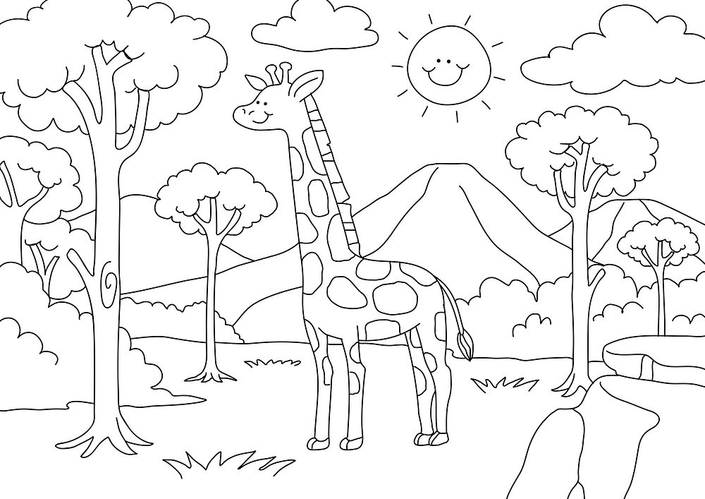 Giraffe kids coloring page, blank printable design for children to color