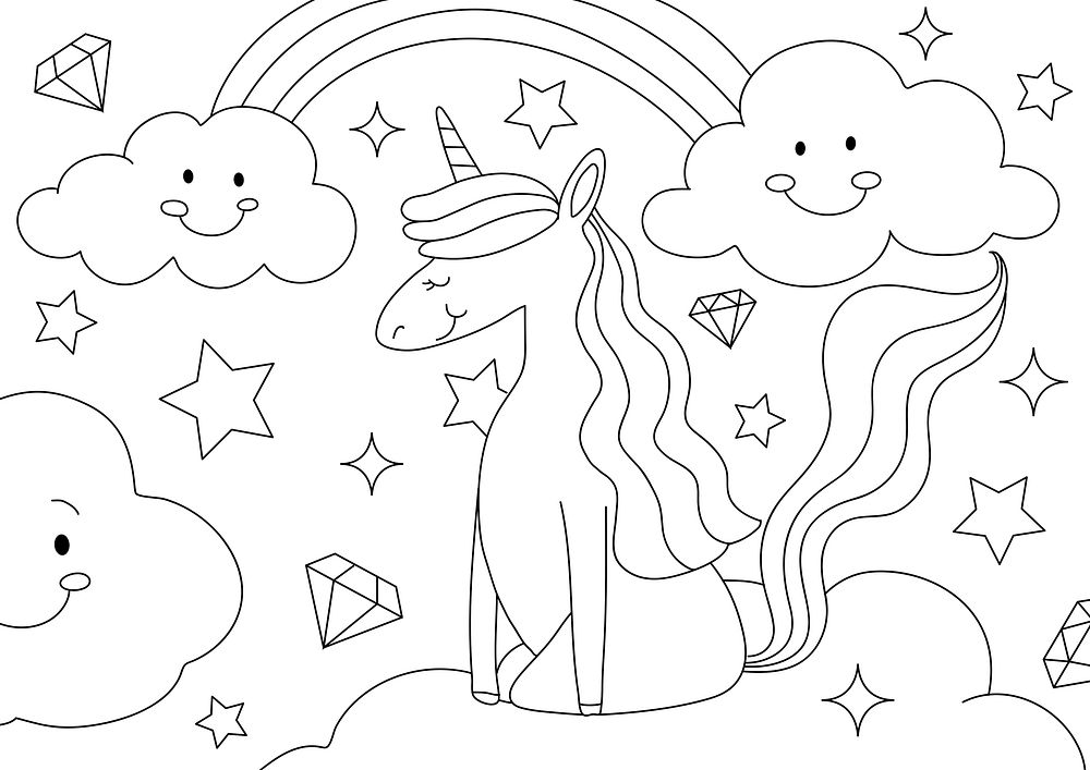Unicorn kids coloring page, blank printable design for children to color