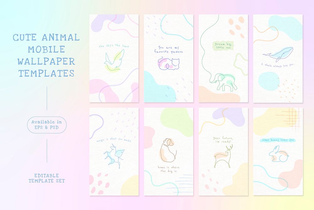 Cute animal mobile wallpaper template set, pastel memphis vector