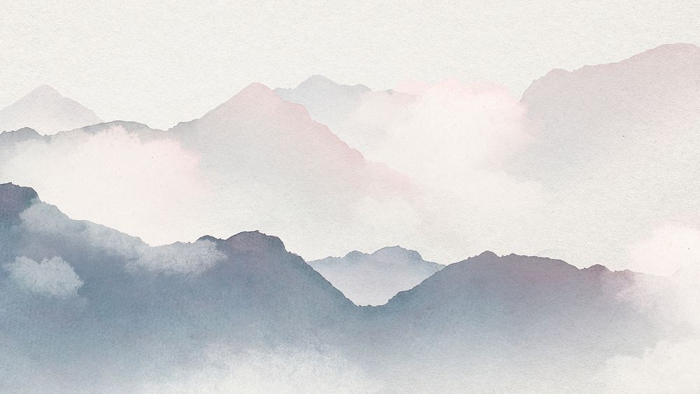 Foggy Mountain Desktop Wallpaper, Watercolor 