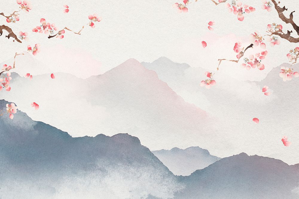 Japanese floral background, watercolor mountain landscape illustration psd