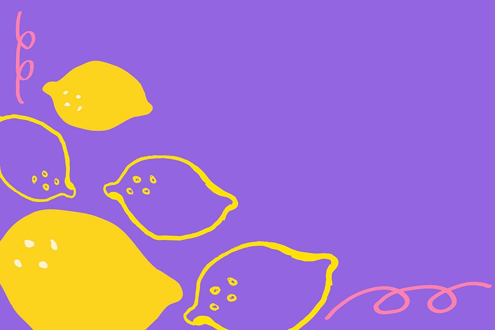 Cute lemon background, purple fruit doodle border