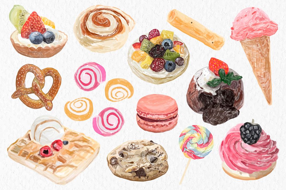 Colorful sweet pastry dessert vector set