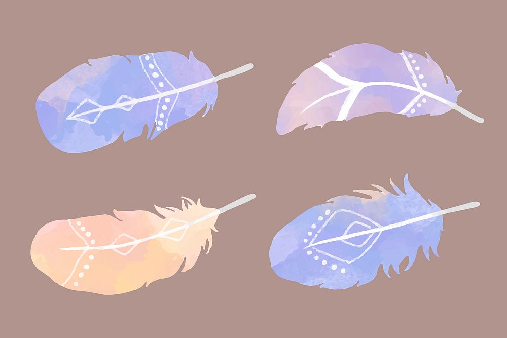 Watercolor boho vector feather set