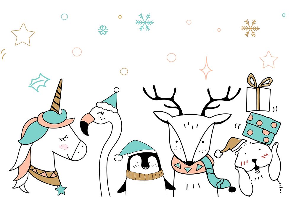 Cute vector animal cartoon snowy Christmas theme background