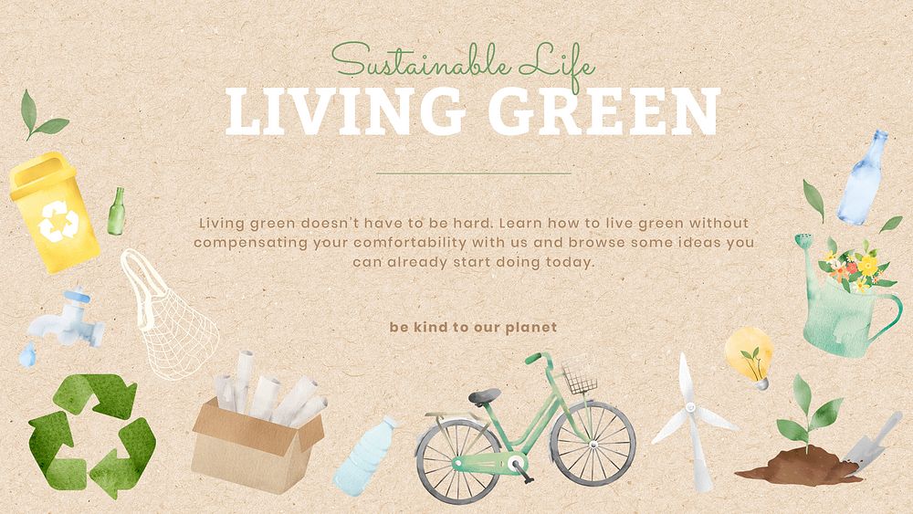Editable environment presentation template psd with living green text in watercolor