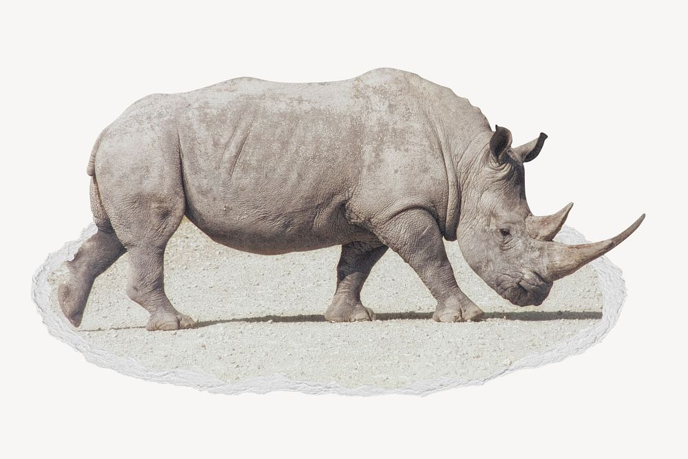 Rhino in ripped paper badge, animal photo
