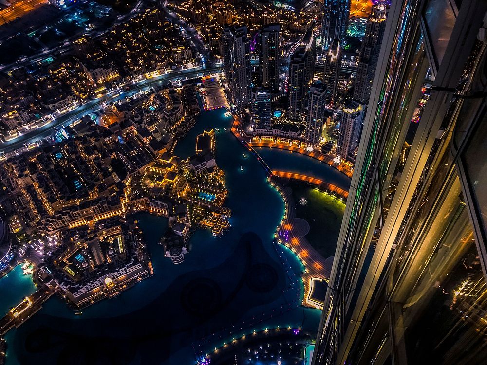 Views from the observation desk of Burj Dubai at night. Original public domain image from Wikimedia Commons