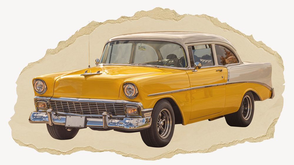Classic yellow car, ripped paper collage element
