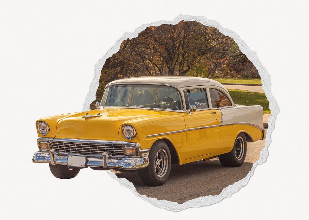 Yellow classic car ripped paper badge, vintage vehicle photo