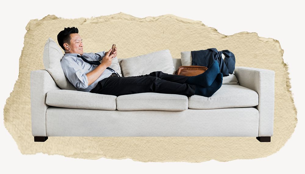 Businessman texting on sofa, ripped paper collage element