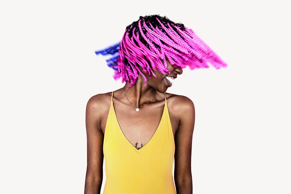 Pink hair woman shaking head, summer concept psd