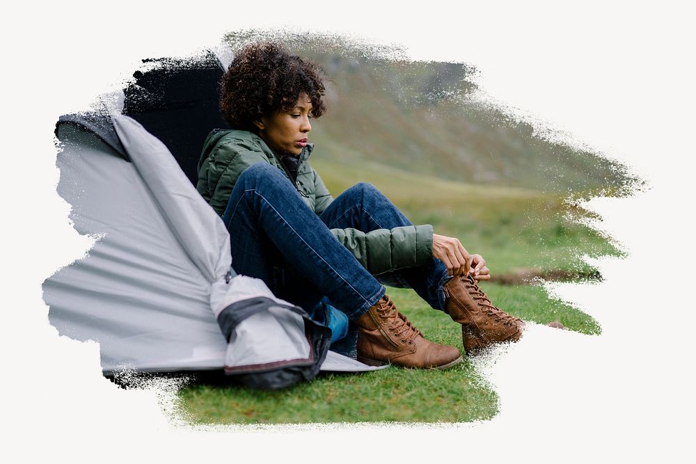 Woman tying her shoelaces by her tent collage element psd