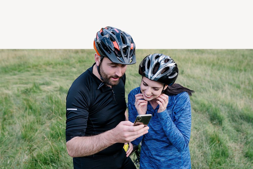 Cyclists checking the route on a phone collage element psd