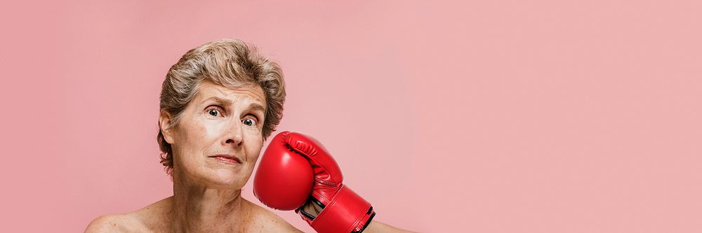 Senior woman getting punched in the face social banner